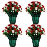 Sympathy Silks Artificial Flowers Weighted Pot Bouquet Decoration - Height 18 -20 - Fade Resistant - Home Decor Office or Memorial - 4 Pack of Red and White Mum Pots