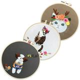 Kojooin 3pcs DIY Animal Embroidery Kits Kitty Cat Cross Stitch with Material Package & 20cm Bamboo Embroidery Hoop for Adult & Beginner