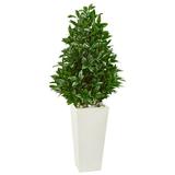 Nearly Natural 4-Ft. Bay Leaf Cone Topiary Artificial Tree in White Tower Planter UV Resistant (Indoor/Outdoor)