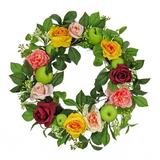 National Tree Company Artificial Spring Wreath Woven Branch Base Decorated with Rose and Peony Blooms Apples Leafy Greens Spring Collection 22 Inches