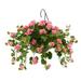 House of Silk Flowers Artificial Pink Geranium in Handle Hanging Basket (White Water Hyacinth)