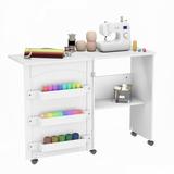 Jaxpety Folding Sewing Table Craft Table with Adjustable Versatile Shelves Storage Cabinet Lockable Wheels White