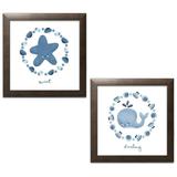 Sweet Navy Blue and White Sweet and Darling Starfish and Whale Set by Noonday Design; Two 12x12in Brown Framed Prints