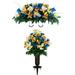 Sympathy Silks Artificial Cemetery Flowers Blue Tulips/Yellow Orchid Bouquet with Vase & Cemetery Saddle