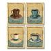 Vintage Beige and Blue Coffee Cup Adult Kitchen Decor; 4 - 8 x 10 Unframed Prints