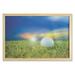 Golf Wall Art with Frame Ball on the Teeing Ground Lawn with Picturesque Sunset Rural Background Printed Fabric Poster for Bathroom Living Room 35 x 23 Lime Green Blue Yellow by Ambesonne