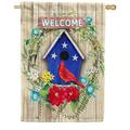 America Forever Welcome 4th of July Patriotic Cardinal House Flag 28 x 40 inch Americana Summer Birdhouse Floral Wreath Outdoor Yard Double Sided USA Red Birds Flag