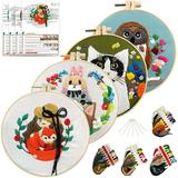 Leeten 4pcs DIY Animal Cartoon Embroidery Kits Kitty Cat Cross Stitch with Material Package & 20cm Bamboo Embroidery Hoop for Adult & Beginner