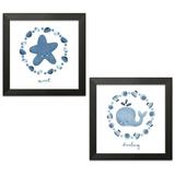 Sweet Navy Blue and White Sweet and Darling Starfish and Whale Set by Noonday Design; Two 12x12in Black Framed Prints