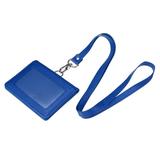 Uxcell Horizontal Magnetic Folded 5 Card Slots PU ID Badge Holder with Lanyard Navy Blue