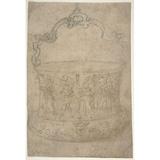 Design for a Bucket-Like Vessel with a Handle of Strapwork on a Body Adorned with Dancing and Music-Making