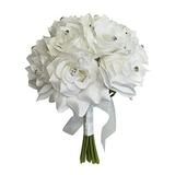 8 Wedding Bridal Rose bouquet - One Dozen Roses With Rhinestone - Artificial Flower Bridesmaid Toss (WHITE)