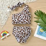 Toddler Baby Girls Leopard Three Pieces 1-Shoulder Swimsuit Bathing Suit with Headband