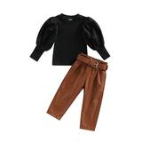 Kids Baby Girl Puff Long Sleeve T-shirt and Trousers Ribbed Top and PU Leather Long Pants with Belt