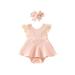 Infant Baby Girl Lace Romper Clothes Set Summer Ribbed Knitted Bodysuit Jumpsuit Dress with Headband