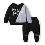 KIMI BEAR Toddler Baby Boys Outfits 4T Toddler Boy Autumn Outfits 5T Toddler Boy Casual MAMA S BOY Letter Print Color Stitching Long Sleeve T-shirt + Ripped Pants 2PCs Set Black Gray