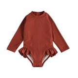 Canrulo Toddler Baby Girls Long Sleeve One Piece Swimsuit Zipper Rashguard Swimwear Ruffle Beach Wear Bathing Suit Dark Orange 4-5 Years