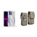 Case and Pouch Bundle for iPhone 14 Pro: Heavy Duty Armor Rugged Case (White Swirly Lines) and Vertical Rugged Denim Nylon Belt Holster (Brown)