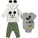 Disney Mickey Mouse Newborn Baby Boy or Girl Fleece Pullover Hoodie Bodysuit and Pants 3 Piece Outfit Set Newborn to Infant