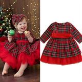 Canrulo Christmas Toddler Baby Girls Princess Party Dress Plaid Printed Long Sleeve Lace Bowknot Tutu Dresses Red 4-5 Years