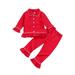 CenturyX Toddler Baby Girl Pajamas Set Kids Ruffle Long Sleeve Peter Pan Collar Button Shirts Tops+Flare Pants Loungewe Red 2-3 Years