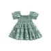 jaweiw Baby Girls Summer Dress Short Sleeve Printed Ruffled Square Neck Ruched Dress Toddler Girls High Waist Knee-Length One-Piece