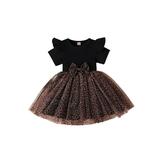 Canrulo Toddler Baby Girls Summer Bowknot Leopard Tulle Tutu Dress Princess Party Patchwork A-line Dresses Black 3-4 Years