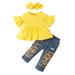 KIMI BEAR Newborn Baby Girls Outfits 9 Months Newborn Girls Spring Outfits 12 Months Newborn Girls Sweet Flared Short Sleeve Top + Sunflower Patch Denim Pants + Headband 3PCs Set Yellow