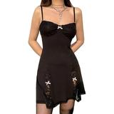 Musuos Female Dress Contrast Color Lace Trim Sleeveless Spaghetti Strap One-Piece with Bowknot Black S/M/L