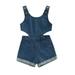 Canrulo Summer Casual Kids Girls Denim Jumpsuit Shorts Sleeveless Solid Hollow Out Playsuit Clothes Dark Blue 18-24 Months