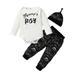 KIMI BEAR Newborn Baby Boys Outfits 3 Months Newborn Boy Autumn Outfits 6 Months Newborn Boy Casual Mommy s Boy Letter Print Long Sleeve Romper + Dinosaur Print Pants + Hat 3PCs Set White