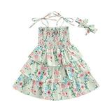StylesILove Baby Toddler Girls Floral Print Smocked Tiered Sleeveless Dress & Headband 2pcs Summer Ruffle Sundress Outfit (Green 3-4 Years)