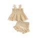 Thaisu Baby Girls Summer Outfit Solid Color Cutout Pleated Tank Tops + Stretch Casual Ruffle Shorts