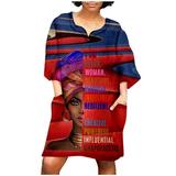 Juebong Women Fashion African Vintage Print Middle Sleeve V Neck Casual Mini Dress