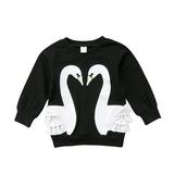 Qtinghua Toddler Baby Girls Swan Printed Cotton Long Sleeve Lace T Shirt Sweatshirts Tops Kids Autumn Blouse Black 6-12 Months