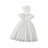 Canrulo Princess Infant Baby Girls Christening Dress Lace Floral Embroidered Print Knee Length Tutu Dress with Hat 2Pcs Set White 6-12 Months