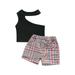 Frobukio 2Pcs Little Girls Outfits Sweet Style Sloping Shoulder Sleeveless Tops + Plaid Bow Decoration Shorts Sets Black 1-2 Years