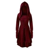 Women Hooded Sweatshirt Dress Bandage Long Sleeve Medieval Vintage Lace Up High Low Cloak Robe