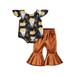 IZhansean Infant Baby Girl Floral Ruffle Short Sleeve Romper Bodysuit Flared Pants Outfit Black Brown 6-12 Months