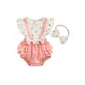 Genuiskids Newborn Infant Baby Girls Romper Pink Heart Pattern Fake 2Pcs Romper and Bow Knot Headdress