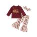 Infant Baby Girls Thanksgiving Outfit Turkey Letters Print Pullover Bell Bottom Trousers Headdress
