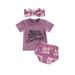 Canrulo 3pcs Infant Baby Girls Boys Cute Clothes Letter Short Sleeve T Shirts+Printed Shorts Headband Sets Purple 18-24 Months