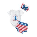 Newborn Baby Three Piece Outfits Independence Day Themed Short Sleeve Romper Matching Shorts Elastic Headband
