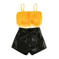 LWXQWDS Toddler Baby Girls Summer Outfits Strap Fluffy Fur Cropped Tank Top PU Leather Shorts Pants 2PCS Clothes Yellow 4-5 Years
