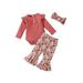 Gureui Toddler Infant Baby Girls Clothes Set Ruffle Trim Long Sleeve Buttons Round Neck Romper Flower Printed Flared Pant with Headband 3Pcs Outfit Set