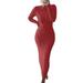 Women Long Sleeve Knitted Dress Crochet Pattern Solid Color Ribbed Round Collar Casual Long Club Party One-Piece