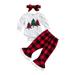 Sunisery 3Pcs Toddler Baby Girls Christmas Clothes Sets Long Sleeves Print Romper + Plaid Flare Pants + Headband