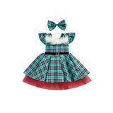 LWXQWDS 2Pcs Toddler Baby Girls Christmas Dresses Fly Sleeve Plaids Tutu Dresses Headband Princess Party Clothes Lake Green 2-3 Years