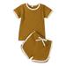 Canrulo Toddler Kids Baby Girls Casual 2Pcs Summer Outfit Short Sleeve Color Block Tops + Elastic Shorts Set Brown 3-4 Years