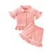 Canrulo Toddler Baby Girl Cotton Clothes Kids Ruffle Long Sleeve Peter Pan Collar Button Shirts Tops+Flare Pants Loungewear Orange Pink 12-18 Months